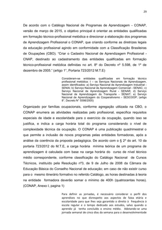 29
De acordo com o Catálogo Nacional de Programas de Aprendizagem - CONAP,
versão de março de 2015, o objetivo principal é orientar as entidades qualificadas
em formação técnico-profissional metódica e direcionar a elaboração dos programas
de Aprendizagem Profissional o CONAP, que criando conforme as diretrizes legais
da educação profissional agindo em conformidade com a Classificação Brasileiras
de Ocupações (CBO). “Criar o Cadastro Nacional de Aprendizagem Profissional -
CNAP, destinado ao cadastramento das entidades qualificadas em formação
técnico-profissional metódica definidas no art. 8º do Decreto nº 5.598, de 1º de
dezembro de 2005.” (artigo 1°, Portaria 723/2012 M.T.E)
Consideram-se entidades qualificadas em formação técnico
profissional metódica: I – os Serviços Nacionais de Aprendizagem,
assim identificados: a) Serviço Nacional de Aprendizagem Industrial -
SENAI; b) Serviço Nacional de Aprendizagem Comercial - SENAC; c)
Serviço Nacional de Aprendizagem Rural - SENAR; d) Serviço
Nacional de Aprendizagem do Transporte - SENAT; e) Serviço
Nacional de Aprendizagem do Cooperativismo - SESCOOP; (artigo
8°, Decreto N° 5598/2005)
Organizado por famílias ocupacionais, conforme agregação utilizada na CBO, o
CONAP enumera as atividades realizadas pelo profissional, especifica requisitos
especiais de idade e escolaridade para o exercício da ocupação, quando isso se
justifica, e indica a carga horária total do programa considerando o nível de
complexidade técnica da ocupação. O CONAP é uma publicação quadrimestral o
que permite a inclusão de novos programas pelas entidades formadoras, após a
análise da coerência da proposta pedagógica. De acordo com o § 2º do art. 10 da
portaria 723/2012 do M.T.E, a carga horária mínima teórica de um programa de
aprendizagem é calculada com base na carga horária do curso de nível técnico
médio correspondente, conforme classificação do Catálogo Nacional de Cursos
Técnicos, instituído pela Resolução nº3, de 9 de Julho de 2008 da Câmara de
Educação Básica do Conselho Nacional de educação; em caso de não existir curso
para o mesmo itinerário formativo no referido Catálogo, as horas destinadas à teoria
na entidade formadora deverão somar o mínimo de 400h (quatrocentas horas).
(CONAP, Anexo I, pagina 1)
Para definir as jornadas, é necessário considerar o perfil dos
aprendizes no que dizrespeito aos aspectos de faixa etária e
escolaridade para que lhes seja garantido o direito à frequência à
escola regular e o tempo dedicado aos estudos, salvo quando o
aprendiz já tenha concluído o ensino médio. Adotando-se uma
jornada semanal de cinco dias da semana para o desenvolvimentode
 