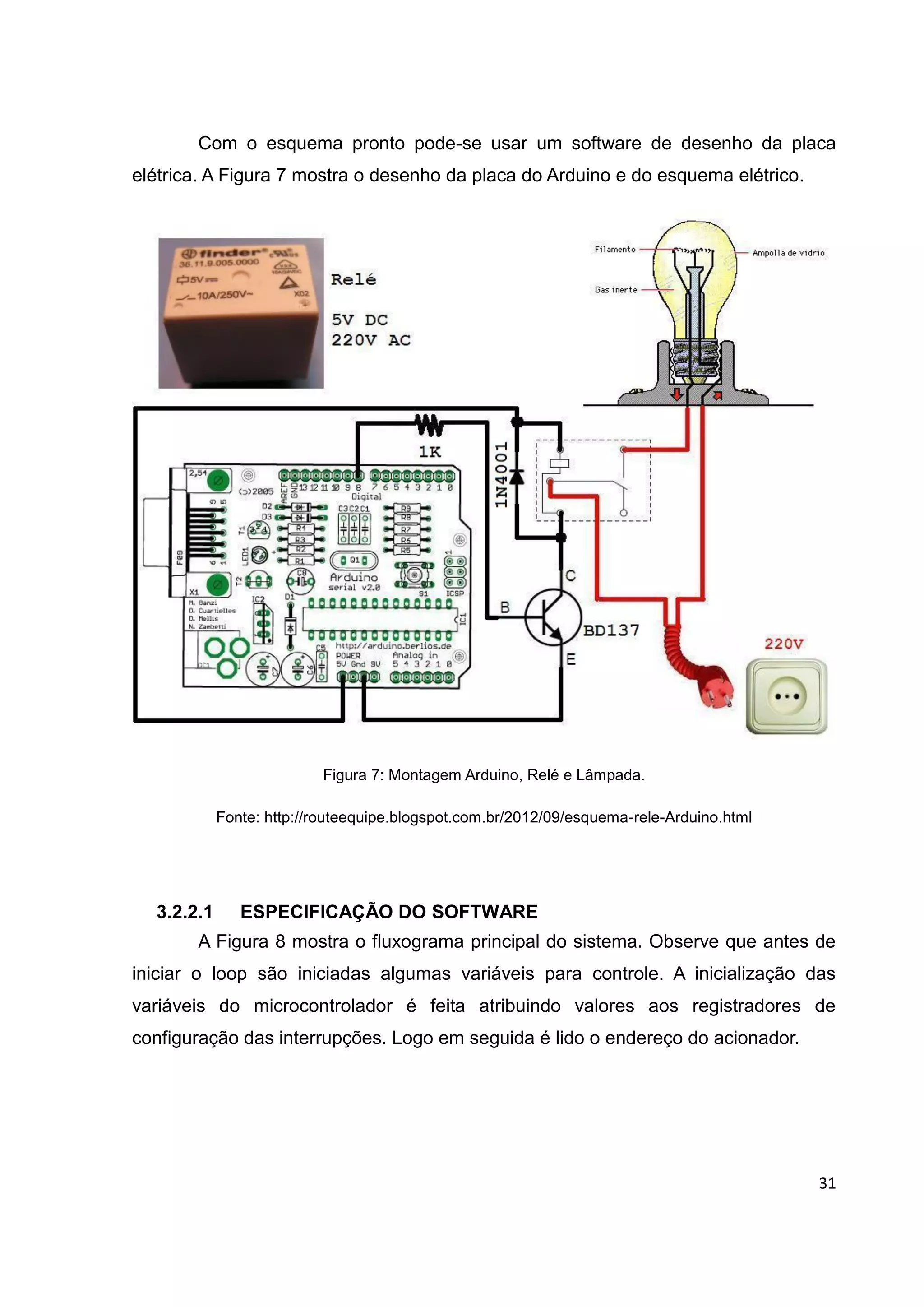 31
Com o esquema pronto pode-se usar um software de desenho da placa
elétrica. A Figura 7 mostra o desenho da placa do Arduino e do esquema elétrico.
Figura 7: Montagem Arduino, Relé e Lâmpada.
Fonte: http://routeequipe.blogspot.com.br/2012/09/esquema-rele-Arduino.html
3.2.2.1 ESPECIFICAÇÃO DO SOFTWARE
A Figura 8 mostra o fluxograma principal do sistema. Observe que antes de
iniciar o loop são iniciadas algumas variáveis para controle. A inicialização das
variáveis do microcontrolador é feita atribuindo valores aos registradores de
configuração das interrupções. Logo em seguida é lido o endereço do acionador.
 