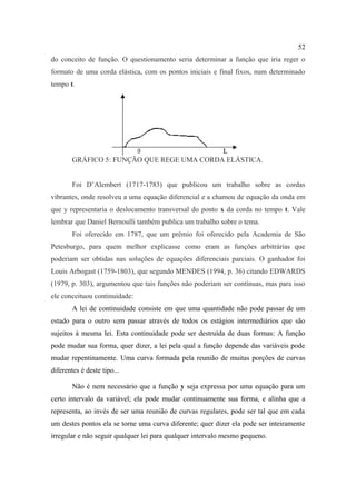52
do conceito de função. O questionamento seria determinar a função que iria reger o
formato de uma corda elástica, com os pontos iniciais e final fixos, num determinado
tempo t.




        GRÁFICO 5: FUNÇÃO QUE REGE UMA CORDA ELÁSTICA.


        Foi D’Alembert (1717-1783) que publicou um trabalho sobre as cordas
vibrantes, onde resolveu a uma equação diferencial e a chamou de equação da onda em
que y representaria o deslocamento transversal do ponto x da corda no tempo t. Vale
lembrar que Daniel Bernoulli também publica um trabalho sobre o tema.
        Foi oferecido em 1787, que um prêmio foi oferecido pela Academia de São
Petesburgo, para quem melhor explicasse como eram as funções arbitrárias que
poderiam ser obtidas nas soluções de equações diferenciais parciais. O ganhador foi
Louis Arbogast (1759-1803), que segundo MENDES (1994, p. 36) citando EDWARDS
(1979, p. 303), argumentou que tais funções não poderiam ser contínuas, mas para isso
ele conceituou continuidade:
        A lei de continuidade consiste em que uma quantidade não pode passar de um
estado para o outro sem passar através de todos os estágios intermediários que são
sujeitos à mesma lei. Esta continuidade pode ser destruída de duas formas: A função
pode mudar sua forma, quer dizer, a lei pela qual a função depende das variáveis pode
mudar repentinamente. Uma curva formada pela reunião de muitas porções de curvas
diferentes é deste tipo...

        Não é nem necessário que a função y seja expressa por uma equação para um
certo intervalo da variável; ela pode mudar continuamente sua forma, e alinha que a
representa, ao invés de ser uma reunião de curvas regulares, pode ser tal que em cada
um destes pontos ela se torne uma curva diferente; quer dizer ela pode ser inteiramente
irregular e não seguir qualquer lei para qualquer intervalo mesmo pequeno.
 