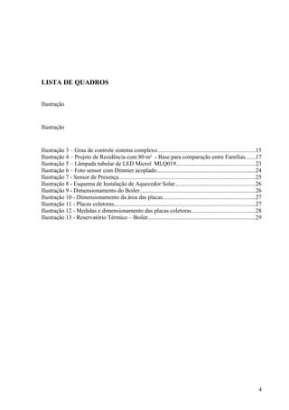LISTA DE QUADROS


Ilustração


Ilustração


Ilustração 3 – Grau de controle sistema complexo...................................................................15
Ilustração 4 – Projeto de Residência com 80 m² - Base para comparação entre Famílias.......17
Ilustração 5 – Lâmpada tubular de LED Microl MLQ019......................................................23
Ilustração 6 – Foto sensor com Dimmer acoplado....................................................................24
Ilustração 7 - Sensor de Presença..............................................................................................25
Ilustração 8 - Esquema de Instalação de Aquecedor Solar.......................................................26
Ilustração 9 - Dimensionamento do Boiler...............................................................................26
Ilustração 10 - Dimensionamento da área das placas...............................................................27
Ilustração 11 - Placas coletoras.................................................................................................27
Ilustração 12 - Medidas e dimensionamento das placas coletoras............................................28
Ilustração 13 - Reservatório Térmico – Boiler.........................................................................29




                                                                                                                                 4
 