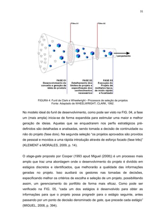 31




          FIGURA 4: Funil de Clark e Wheelwright - Processos de seleção de projetos
                    Fonte: Adaptado de WHEELWRIGHT; CLARK, 1992.


No modelo ideal do funil de desenvolvimento, como pode ser visto na FIG. 04, a fase
um (mais ampla) inicia-se de forma expandida para estimular uma maior e melhor
geração de ideias. Aquelas que se enquadrarem nos perfis estratégicos pré-
definidos são detalhadas e analisadas, sendo tomada a decisão de continuidade ou
não do projeto (fase dois). Na segunda seleção “os projetos aprovados são providos
de pessoal e movidos a uma rápida introdução através de esforço focado (fase três)”
(KLEMENT e MORALES, 2009, p. 14).


O stage-gate proposto por Cooper (1993 apud Miguel (2008)) é um processo mais
amplo que traz uma abordagem onde o desenvolvimento do projeto é dividido em
estágios discretos e identificados, que melhorarão a qualidade das informações
geradas no projeto. Isso auxiliará os gestores nas tomadas de decisões,
especificando melhor os critérios de escolha e seleção de um projeto, possibilitando
assim, um gerenciamento do portfólio de forma mais eficaz. Como pode ser
verificado na FIG. 05, “cada um dos estágios é desenvolvido para obter as
informações para que o projeto possa progredir para o estágio seguinte, antes
passando por um ponto de decisão denominado de gate, que precede cada estágio”
(MIGUEL, 2008, p. 394).
 