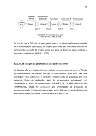 32




                          FIGURA 5: Processo do stage-gate
                            Fonte: MIGUEL, 2008, p. 400.



De acordo com a FIG. 05, os gates servem como pontos de verificação e decisão
até a homologação (aprovação) do projeto, pois neles são realizadas análises de
continuidade ou aborto do projeto, sendo que para tal devem-se seguir critérios e
atividades pré-definidas (MIGUEL, 2008).




2.2.2.3 A abordagem de gerenciamento de portfólio do PMI


Na literatura são encontrados diversos modelos de gerenciamento, sendo o Padrão
de Gerenciamento de Portfólio do PMI o mais utilizado. Este Guia traz uma
abordagem mais sistemática e completa, estabelecendo os processos por uma
sequencia lógica de realização, além de apresentarem agrupamento por
similaridades e áreas de conhecimento (PADRÃO DE GERENCIAMENTO DE
PORTFÓLIOS, 2008). Na abordagem por similaridades os processos de
gerenciamento são divididos em dois grupos, sendo definidos como de alinhamento
e de monitoramento e controle, conforme detalhado na FIG. 06.
 