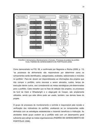 33




      FIGURA 6: Alinhamento e Monitoramento e Controle - Processos de análise de portfólio
              Fonte: PADRÃO DE GERENCIAMENTO DE PORTFÓLIOS (2008)



Como demonstrado na FIG. 06, e confirmado por Negreiros e Rocha (2009, p. 13)
“os processos de alinhamento são responsáveis por determinar como os
componentes serão identificados, categorizados, avaliados, selecionados e incluídos
no portfólio”. Para tal, devem ser disponibilizadas as informações dos projetos que
irão compor o portfólio, como recursos a serem alocados, custos, tempo de
execução dentre outros, isso considerando as metas estratégicas pré-determinadas
para o portfólio. Cabe ressaltar que na fase de seleção dos projetos, os processos
do funil de Clark e Wheelwright e o stage-gate de Cooper, são amplamente
utilizados, sendo que este último pode ser usado, também, nas demais fases do
projeto.


O grupo de processos de monitoramento e controle é responsável pela revisão e
verificação dos indicadores do portfólio, analisando se os componentes estão
alinhados com as estratégias estabelecidas e trazendo benefícios à instituição. As
atividades deste grupo avaliam se o portfólio está com um desempenho geral
suficiente para atingir as metas organizacionais (PADRÃO DE GERENCIMENTO DE
PORTFÓLIO, 2008).
 