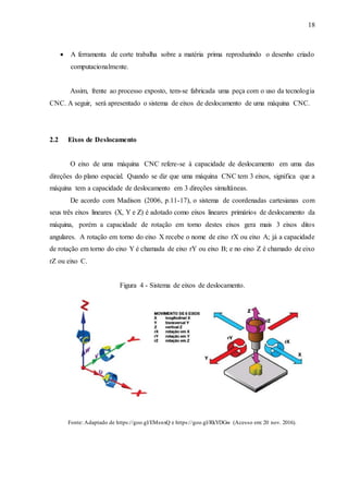 18
 A ferramenta de corte trabalha sobre a matéria prima reproduzindo o desenho criado
computacionalmente.
Assim, frente ao processo exposto, tem-se fabricada uma peça com o uso da tecnologia
CNC. A seguir, será apresentado o sistema de eixos de deslocamento de uma máquina CNC.
2.2 Eixos de Deslocamento
O eixo de uma máquina CNC refere-se à capacidade de deslocamento em uma das
direções do plano espacial. Quando se diz que uma máquina CNC tem 3 eixos, significa que a
máquina tem a capacidade de deslocamento em 3 direções simultâneas.
De acordo com Madison (2006, p.11-17), o sistema de coordenadas cartesianas com
seus três eixos lineares (X, Y e Z) é adotado como eixos lineares primários de deslocamento da
máquina, porém a capacidade de rotação em torno destes eixos gera mais 3 eixos ditos
angulares. A rotação em torno do eixo X recebe o nome de eixo rX ou eixo A; já a capacidade
de rotação em torno do eixo Y é chamada de eixo rY ou eixo B; e no eixo Z é chamado de eixo
rZ ou eixo C.
Figura 4 - Sistema de eixos de deslocamento.
Fonte: Adaptado de https://goo.gl/EMsnxQ e https://goo.gl/RkYDGw (Acesso em: 20 nov. 2016).
 