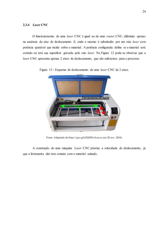 24
2.3.4 Laser CNC
O funcionamento de uma laser CNC é igual ao de uma router CNC, diferindo apenas
na ausência do eixo de deslocamento Z, onde o mesmo é substituído por um raio laser com
potência ajustável que incide sobre o material. A potência configurada define se o material será
cortado ou terá sua superfície gravada pelo raio laser. Na Figura 12 pode-se observar que a
laser CNC apresenta apenas 2 eixos de deslocamento, que são suficientes para o processo.
Figura 12 - Esquema de deslocamento de uma laser CNC de 2 eixos.
Fonte: Adaptado de https://goo.gl/nFQ3S8 (Acesso em: 20 nov. 2016).
A construção de uma máquina Laser CNC prioriza a velocidade de deslocamento, já
que a ferramenta não tem contato com o material usinado.
 