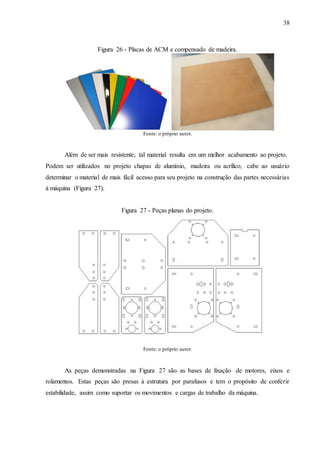 38
Figura 26 - Placas de ACM e compensado de madeira.
Fonte: o próprio autor.
Além de ser mais resistente, tal material resulta em um melhor acabamento ao projeto.
Podem ser utilizados no projeto chapas de alumínio, madeira ou acrílico, cabe ao usuário
determinar o material de mais fácil acesso para seu projeto na construção das partes necessárias
à máquina (Figura 27).
Figura 27 - Peças planas do projeto.
Fonte: o próprio autor.
As peças demonstradas na Figura 27 são as bases de fixação de motores, eixos e
rolamentos. Estas peças são presas à estrutura por parafusos e tem o propósito de conferir
estabilidade, assim como suportar os movimentos e cargas de trabalho da máquina.
 