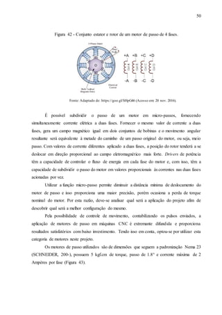 50
Figura 42 - Conjunto estator e rotor de um motor de passo de 4 fases.
Fonte: Adaptado de: https://goo.gl/SHpG46 (Acesso em: 20 nov. 2016).
É possível subdividir o passo de um motor em micro-passos, fornecendo
simultaneamente corrente elétrica a duas fases. Fornecer o mesmo valor de corrente a duas
fases, gera um campo magnético igual em dois conjuntos de bobinas e o movimento angular
resultante será equivalente à metade do caminho de um passo original do motor, ou seja, meio
passo. Com valores de corrente diferentes aplicado a duas fases, a posição do rotor tenderá a se
deslocar em direção proporcional ao campo eletromagnético mais forte. Drivers de potência
têm a capacidade de controlar o fluxo de energia em cada fase do motor e, com isso, têm a
capacidade de subdividir o passo do motor em valores proporcionais às correntes nas duas fases
acionadas por vez.
Utilizar a função micro-passo permite diminuir a distância mínima de deslocamento do
motor de passo e isso proporciona uma maior precisão, porém ocasiona a perda de torque
nominal do motor. Por esta razão, deve-se analisar qual será a aplicação do projeto afim de
descobrir qual será a melhor configuração do mesmo.
Pela possibilidade de controle de movimento, contabilizando os pulsos enviados, a
aplicação de motores de passo em máquinas CNC é extremante difundida e proporciona
resultados satisfatórios com baixo investimento. Tendo isso em conta, optou-se por utilizar esta
categoria de motores neste projeto.
Os motores de passo utilizados são de dimensões que seguem a padronização Nema 23
(SCHNEIDER, 200-), possuem 5 kgf.cm de torque, passo de 1.8° e corrente máxima de 2
Ampères por fase (Figura 43).
 