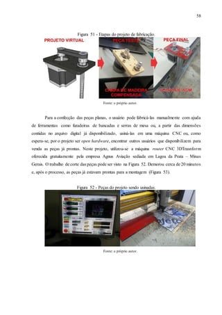 58
Figura 51 - Etapas do projeto de fabricação.
Fonte: o próprio autor.
Para a confecção das peças planas, o usuário pode fabricá-las manualmente com ajuda
de ferramentas como furadeiras de bancadas e serras de mesa ou, a partir das dimensões
contidas no arquivo digital já disponibilizado, usiná-las em uma máquina CNC ou, como
espera-se, por o projeto ser open hardware, encontrar outros usuários que disponibilizem para
venda as peças já prontas. Neste projeto, utilizou-se a máquina router CNC 3DTrasnform
oferecida gratuitamente pela empresa Agnus Aviação sediada em Lagoa da Prata – Minas
Gerais. O trabalho de corte das peças pode ser visto na Figura 52. Demorou cerca de 20 minutos
e, após o processo, as peças já estavam prontas para a montagem (Figura 53).
Figura 52 - Peças do projeto sendo usinadas.
Fonte: o próprio autor.
 