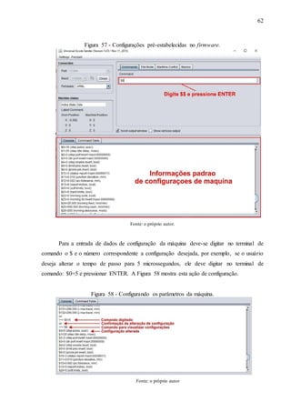 62
Figura 57 - Configurações pré-estabelecidas no firmware.
Fonte: o próprio autor.
Para a entrada de dados de configuração da máquina deve-se digitar no terminal de
comando o $ e o número correspondente a configuração desejada, por exemplo, se o usuário
deseja alterar o tempo de passo para 5 microssegundos, ele deve digitar no terminal de
comando: $0=5 e pressionar ENTER. A Figura 58 mostra esta ação de configuração.
Figura 58 - Configurando os parâmetros da máquina.
Fonte: o próprio autor
 