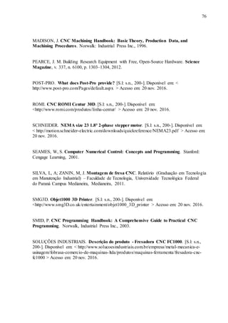 76
MADISON, J. CNC Machining Handbook: Basic Theory, Production Data, and
Machining Procedures. Norwalk: Industrial Press Inc., 1996.
PEARCE, J. M. Building Research Equipment with Free, Open-Source Hardware. Science
Magazine, v. 337, n. 6100, p. 1303–1304, 2012.
POST-PRO. What does Post-Pro provide? [S.l: s.n., 200-]. Disponível em: <
http://www.post-pro.com/Pages/default.aspx > Acesso em: 20 nov. 2016.
ROMI. CNC ROMI Centur 30D. [S.l: s.n., 200-]. Disponível em:
<http://www.romi.com/produtos/linha-centur/ > Acesso em: 20 nov. 2016.
SCHNEIDER. NEMA size 23 1.8° 2-phase stepper motor. [S.l: s.n., 200-]. Disponível em:
< http://motion.schneider-electric.com/downloads/quickreference/NEMA23.pdf > Acesso em:
20 nov. 2016.
SEAMES, W, S. Computer Numerical Control: Concepts and Programming. Stanford:
Cengage Learning, 2001.
SILVA, L, A; ZANIN, M, J. Montagem de fresa CNC. Relatório (Graduação em Tecnologia
em Manutenção Industrial) – Faculdade de Tecnologia, Universidade Tecnológica Federal
do Paraná Campus Medianeira, Medianeira, 2011.
SMG3D. Objet1000 3D Printer. [S.l: s.n., 200-]. Disponível em:
<http://www.smg3D.co.uk/entertainment/objet1000_3D_printer > Acesso em: 20 nov. 2016.
SMID, P. CNC Programming Handbook: A Comprehensive Guide to Practical CNC
Programming. Norwalk, Industrial Press Inc., 2003.
SOLUÇÕES INDUSTRIAIS. Descrição do produto - Fresadora CNC FC1000. [S.l: s.n.,
200-]. Disponível em: < http://www.solucoesindustriais.com.br/empresa/metal-mecanica-e-
usinagem/fobrasa-comercio-de-maquinas-ltda/produtos/maquinas-ferramenta/fresadora-cnc-
fc1000 > Acesso em: 20 nov. 2016.
 