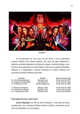 14




                                     Divulgação



      Foi transformada em uma série de seis filmes e como subprodutos
surgiram também uma franquia literária, uma série de jogos eletrônicos e
desenhos animados baseados nas idéias do cineasta e roteirista George Lucas.
Os filmes são organizados em duas trilogias, onde ocorre a queda da República
Galáctica e a implantação e posterior derrocada do Império Galáctico sob
comando do senador Palpatine (Lord Sith).


         Episódio                     Direção              Data de lançamento
IV. Uma Nova Esperança            George Lucas             25 de maio de 1977
V. O Império Contra-Ataca         Irvin Kershner           21 de maio de 1980
VI. O Retorno de Jedi           Richard-Marquand           25 de maio de 1983

I. A Ameaça Fantasma              George Lucas             19 de maio de 1999
II. O Ataque dos Clones           George Lucas             16 de maio de 2002
III. A Vingança dos Sith          George Lucas             19 de maio de 2005



Personagem Principal – Darth Vader

      Anakin Skywalker era filho de Shmi Skywalker, e mais tarde se casou
secretamente com a Senadora Padmé Amidala de Naboo, tornando-se pai do
Jedi Luke Skywalker e de Léia Organa.
 