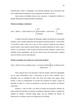 73
imediata após a morte e, interligado a essa primeira definição, faz-se necessário uma
nova compreensão do purgatório e, por conseguinte, do inferno e do céu.
Antes mesmo de detalhes desses novos conceitos, é importante relembrar as
grandes diferenças do esquema/modelo escatológico:
Modelo escatológico tradicional:
CÉU CÉU
VIDA – MORTE – JUÍZO PARTICULAR PURGATÓRIO – JUÍZO FINAL
INFERNO INFERNO
A análise feita pelos teólogos da libertação, adeptos da doutrina da ressurreição
imediata, é que o modelo tradicional está carregado de doutrina helênica. A maior delas
é a divisão de corpo e alma, isto é, uma vez que o homem é dotado de uma natureza
mortal (corpo) e uma natureza imortal (alma), no modelo tradicional só morre o que é
mortal e, na ressureição, a alma vai para um destino no além, enquanto o corpo fica na
realidade terrena aguardando o dia do juízo final em que será ressuscitado e ganhará
uma nova forma, a de um corpo glorioso.
Modelo escatológico dos teólogos da ressurreição imediata:
VIDA – MORTE TOTAL (CORPO-ALMA) – AUTOJULGAMENTO CÉU (CORPO-ALMA)
(IMEDIATO)
Nesse esquema não se faz necessário e nem faz sentido a alma ficar aguardando
em um lugar intermediário, pois a ressurreição se dá de forma imediata. Isso é
defendido, pois, na realidade do além, não existe nem tempo nem espaço. Nesse
sentido, a crítica ao temporalismo se dá pela não existência de tempo e espaço na
dimensão do além. E a crítica ao platonismo se dá pela não aceitação do dualismo
corpo-alma.
Portanto, a visão do além e do modo de entrada nele permanece diferente do
modo tradicional explorado na doutrina escatológica tradicional católica e também dos
modelos da religião e filosofia antiga grega, seja nos Mistérios de Elêusis, no
Dionisismo e no Orfismo, seja em no Pitagorismo ou em Platão.
 