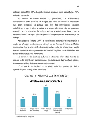 44
acharam satisfatório, 34% dos entrevistados acharam muito satisfatório e 10%
acharam excelente.
Ao analisar os dados obtidos no questionário, os entrevistados
demonstraram certa carência em relação aos atrativos culturais e artesanato
que foram oferecidos no parque, pois 46% dos entrevistados acharam
satisfatório, o que é ruim, a cultura e o desenvolvimento não se separam,
portanto, o conhecimento da cultura reforça a valorização, bem como o
desenvolvimento da região e havia apenas uma loja especializada neste tipo de
serviço.
Para Lóssio e Pereira (2007) a economia da cultura pode movimentar a
região ao oferecer oportunidades, além de novas formas de trabalho. Muitas
vezes existe descaracterização de apresentações culturais, artesanatos, ou até
mesmo mudança dos ingredientes da culinária regional para padronizar em
busca da facilidade para o consumo.
Ao mencionar os atrativos culturais e artesanato oferecidos durante os
dias de festa, aconteciam apresentações ofertadas para diversas faixa etárias,
com apresentações de teatro, dança, entre outros.
Com relação ao gráfico 14: atrativos mais importantes, os dados
apontaram para os seguintes resultados:
GRÁFICO 14 – ATRATIVOS MAIS IMPORTANTES
Fonte: Dados da pesquisa.
14%
20%
36%
24%
14%
Parque de
diversões
Roupas típicas
dos visitantes
Festas, shows e
chopp
Organização e
sinalização do
parque
Gastronomia
Atrativos mais importantes
 