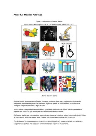 Anexo 1.2 - Materiais Aula 18/06


                                 Figura 1 - Diferenciando Direitos Sociais




                                           Fonte: A autora (2012)


Direitos Sociais fazem parte dos Direitos Humanos, podemos dizer que o conjunto dos direitos são
compostos por diferentes partes, de diferentes objetivos, apesar de todos terem o foco comum de
assegurar um patamar mínimo e digno de vida.

Se os Direitos Civis protegem as liberdades e igualdades individuais, os Sociais prezam pelas esferas
coletivas dos indivíduos que diz respeito a qualidade de vida da sociedade.

Os Direitos Sociais são fruto das lutas por condições dignas de trabalho e salário justo do século XIX. Muito
se conquistou e ainda precisa ser feitos. Direitos são constantes conquistas dos indivíduos.

Em geral essas conquistas seguiram o caminho dos indivíduos (civil), para a sociedade (social) e para
a organização (político) mas todos são complementares e exigem-se mutuamente.
 