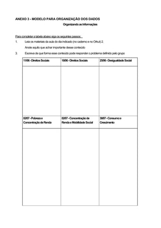 ANEXO 3 - MODELO PARA ORGANIZAÇÃO DOS DADOS
                                         Organizando as Informações



Para completar a tabela abaixo siga os seguintes passos:
1.      Leia os materiais da aula do dia indicado (no caderno e no Orkut) 2.
        Anote aquilo que achar importante desse conteúdo
3.      Escreva de que forma esse conteúdo pode responder o problema definido pelo grupo

      11/06 - Direitos Sociais         18/06 - Direitos Sociais         25/06 - Desigualdade Social




      02/07 - Pobreza e                02/07 - Concentração de          30/07 - Consumo e
      Concentração de Renda            Renda e Mobilidade Social        Crescimento
 