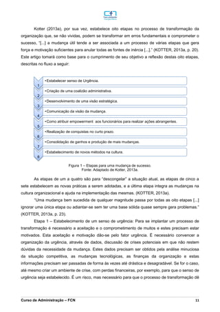 _________________________________________________________________________________________________________________________________________________________________________________________________________________________________________________________________________________________________________________________________________________________________________________________________________________________________________________
Curso de Administração – FCN 11
Kotter (2013a), por sua vez, estabelece oito etapas no processo de transformação da
organização que, se não vividas, podem se transformar em erros fundamentais e comprometer o
sucesso, “[...] a mudança útil tende a ser associada a um processo de várias etapas que gera
força e motivação suficientes para anular todas as fontes de inércia [...].” (KOTTER, 2013a, p. 20).
Este artigo tomará como base para o cumprimento de seu objetivo a reflexão destas oito etapas,
descritas no fluxo a seguir:
Figura 1 – Etapas para uma mudança de sucesso.
Fonte: Adaptado de Kotter, 2013a.
As etapas de um a quatro são para “descongelar” a situação atual, as etapas de cinco a
sete estabelecem as novas práticas a serem adotadas, e a última etapa integra as mudanças na
cultura organizacional e ajuda na implementação das mesmas. (KOTTER, 2013a).
“Uma mudança bem sucedida de qualquer magnitude passa por todas as oito etapas [...]
ignorar uma única etapa ou adiantar-se sem ter uma base sólida quase sempre gera problemas.”
(KOTTER, 2013a, p. 23).
Etapa 1 – Estabelecimento de um senso de urgência: Para se implantar um processo de
transformação é necessário a aceitação e o comprometimento de muitos e estes precisam estar
motivados. Esta aceitação e motivação dão-se pelo fator urgência. É necessário convencer a
organização da urgência, através de dados, discussão de crises potenciais em que não restem
dúvidas da necessidade da mudança. Estes dados precisam ser obtidos pela análise minuciosa
da situação competitiva, as mudanças tecnológicas, as finanças da organização e estas
informações precisam ser passadas de forma às vezes até drástica e desagradável. Se for o caso,
até mesmo criar um ambiente de crise, com perdas financeiras, por exemplo, para que o senso de
urgência seja estabelecido. É um risco, mas necessário para que o processo de transformação dê
1
•Estabelecer senso de Urgência.
2
•Criação de uma coalizão administrativa.
3
•Desenvolvimento de uma visão estratégica.
4
•Comunicação da visão da mudança.
5
•Como atribuir empowerment aos funcionários para realizar ações abrangentes.
6
•Realização de conquistas no curto prazo.
7
•Consolidação de ganhos e produção de mais mudanças.
8
•Estabelecimento de novos métodos na cultura.
 