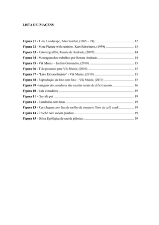 LISTA DE IMAGENS




Figura 01 - Time Landscape, Alan Sonfist, (1965 – 78) ................................................. 12
Figura 02 - Merz Picture with rainbow. Kurt Schwitters, (1939) ................................... 13
Figura 03 - Retrato/graffiti, Renata de Andrade, (2007) ................................................. 14
Figura 04 - Montagem dos trabalhos por Renata Andrade.............................................. 14
Figura 05 - Vik Muniz – Jardim Gramacho, (2010) ....................................................... 15
Figura 06 - Tião posando para Vik Muniz, (2010) ......................................................... 15
Figura 07 - "Lixo Extraordinário” - Vik Muniz, (2010) ................................................. 15
Figura 08 - Reprodução da foto com lixo – Vik Muniz, (2010) ..................................... 15
Figura 09 - Imagens dos arredores das escolas rurais de difícil acesso ........................... 16
Figura 10 - Lata e madeira .............................................................................................. 19
Figura 11 - Garrafa pet .................................................................................................... 19
Figura 12 - Esculturas com latas ..................................................................................... 19
Figura 13 - Reciclagem com lata de molho de tomate e filtro de café usado.................. 19
Figura 14 - Crochê com sacola plástica ........................................................................... 19
Figura 15 - Bolsa Ecológica de sacola plástica ............................................................... 19
 