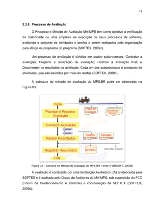 19



2.3.8. Processo de Avaliação

      O Processo e Método de Avaliação MA-MPS tem como objetivo a verificação
da maturidade de uma empresa na execução de seus processos de software,
avaliando o conjunto de atividades e tarefas a serem realizadas pela organização
para atingir os propósitos do programa (SOFTEX, 2009c).

      Um processo de avaliação é dividido em quatro subprocessos: Contratar a
avaliação; Preparar a realização da avaliação; Realizar a avaliação final; e
Documentar os resultados da avaliação. Cada um dos subprocessos é composto de
atividades, que são descritas por meio de tarefas (SOFTEX, 2009c).

      A estrutura do método de avaliação do MPS.BR pode ser observado na
Figura 03.




      Figura 03 – Estrutura do Método de Avaliação do MPS.BR. Fonte: (FUMSOFT, 2009b)

      A avaliação é conduzida por uma Instituição Avaliadora (IA) credenciada pela
SOFTEX e é auditada pelo Grupo de Auditores do MA-MPS, sob supervisão do FCC
(Fórum de Credenciamento e Controle) e coordenação da SOFTEX (SOFTEX,
2009c).
 