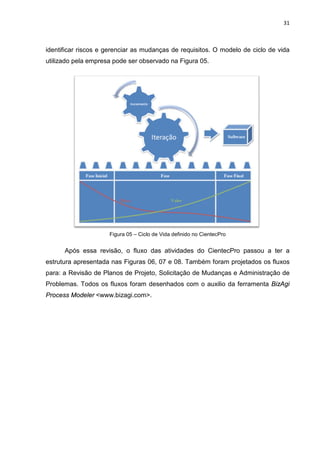 31



identificar riscos e gerenciar as mudanças de requisitos. O modelo de ciclo de vida
utilizado pela empresa pode ser observado na Figura 05.




                     Figura 05 – Ciclo de Vida definido no CientecPro


      Após essa revisão, o fluxo das atividades do CientecPro passou a ter a
estrutura apresentada nas Figuras 06, 07 e 08. Também foram projetados os fluxos
para: a Revisão de Planos de Projeto, Solicitação de Mudanças e Administração de
Problemas. Todos os fluxos foram desenhados com o auxilio da ferramenta BizAgi
Process Modeler <www.bizagi.com>.
 