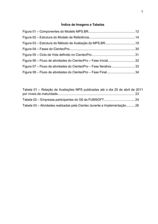 5



                                    Índice de Imagens e Tabelas

Figura 01 – Componentes do Modelo MPS.BR..................................................... 12
Figura 02 – Estrutura do Modelo de Referência.................................................... 14
Figura 03 – Estrutura do Método de Avaliação do MPS.BR.................................. 19
Figura 04 – Fases do CientecPro.......................................................................... 30
Figura 05 – Ciclo de Vida definido no CientecPro................................................. 31
Figura 06 – Fluxo de atividades do CientecPro – Fase Inicial............................... 32
Figura 07 – Fluxo de atividades do CientecPro – Fase Iterativa........................... 33
Figura 08 – Fluxo de atividades do CientecPro – Fase Final................................ 34




Tabela 01 – Relação de Avaliações MPS publicadas até o dia 20 de abril de 2011
por níveis de maturidade...................................................................................... 23
Tabela 02 – Empresas participantes do G6 da FUMSOFT................................... 24
Tabela 03 – Atividades realizadas pela Cientec durante a Implementação.......... 26
 