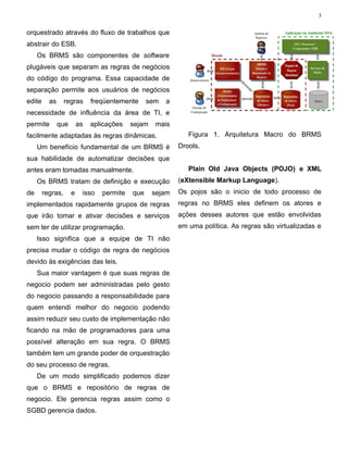 3


orquestrado através do fluxo de trabalhos que
abstrair do ESB.
     Os BRMS são componentes de software
plugáveis que separam as regras de negócios
do código do programa. Essa capacidade de
separação permite aos usuários de negócios
edite     as      regras      freqüentemente     sem   a
necessidade de influência da área de TI, e
permite        que       as   aplicações   sejam   mais
facilmente adaptadas às regras dinâmicas.                     Figura 1. Arquitetura Macro do BRMS
     Um benefício fundamental de um BRMS é                 Drools.
sua habilidade de automatizar decisões que
antes eram tomadas manualmente.                               Plain Old Java Objects (POJO) e XML
     Os BRMS tratam de definição e execução                (eXtensible Markup Language).
de      regras,      e    isso   permite   que     sejam   Os pojos são o inicio de todo processo de
implementados rapidamente grupos de regras                 regras no BRMS eles definem os atores e
que irão tomar e ativar decisões e serviços                ações desses autores que estão envolvidas
sem ter de utilizar programação.                           em uma política. As regras são virtualizadas e
     Isso significa que a equipe de TI não
precisa mudar o código de regra de negócios
devido às exigências das leis.
     Sua maior vantagem é que suas regras de
negocio podem ser administradas pelo gesto
do negocio passando a responsabilidade para
quem entendi melhor do negocio podendo
assim reduzir seu custo de implementação não
ficando na mão de programadores para uma
possível alteração em sua regra. O BRMS
também tem um grande poder de orquestração
do seu processo de regras.
     De um modo simplificado podemos dizer
que o BRMS e repositório de regras de
negocio. Ele gerencia regras assim como o
SGBD gerencia dados.
 