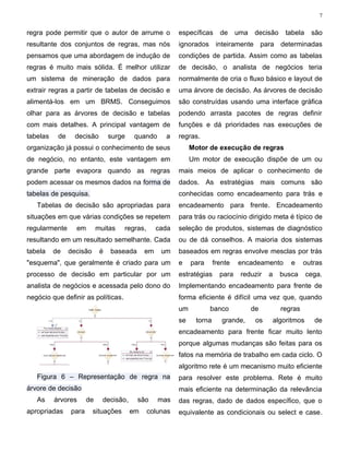 7


regra pode permitir que o autor de arrume o               específicas      de     uma    decisão      tabela    são
resultante dos conjuntos de regras, mas nós               ignorados inteiramente para determinadas
pensamos que uma abordagem de indução de                  condições de partida. Assim como as tabelas
regras é muito mais sólida. É melhor utilizar             de decisão, o analista de negócios teria
um sistema de mineração de dados para                     normalmente de cria o fluxo básico e layout de
extrair regras a partir de tabelas de decisão e           uma árvore de decisão. As árvores de decisão
alimentá-los em um BRMS. Conseguimos                      são construídas usando uma interface gráfica
olhar para as árvores de decisão e tabelas                podendo arrasta pacotes de regras definir
com mais detalhes. A principal vantagem de                funções e dá prioridades nas execuções de
tabelas    de     decisão        surge    quando     a    regras.
organização já possui o conhecimento de seus                   Motor de execução de regras
de negócio, no entanto, este vantagem em                       Um motor de execução dispõe de um ou
grande parte evapora quando as regras                     mais meios de aplicar o conhecimento de
podem acessar os mesmos dados na forma de                 dados. As estratégias mais comuns são
tabelas de pesquisa.                                      conhecidas como encadeamento para trás e
   Tabelas de decisão são apropriadas para                encadeamento para frente. Encadeamento
situações em que várias condições se repetem              para trás ou raciocínio dirigido meta é típico de
regularmente      em        muitas    regras,      cada   seleção de produtos, sistemas de diagnóstico
resultando em um resultado semelhante. Cada               ou de dá conselhos. A maioria dos sistemas
tabela    de    decisão      é   baseada      em    um    baseados em regras envolve mesclas por trás
"esquema", que geralmente é criado para um                e    para      frente   encadeamento         e     outras
processo de decisão em particular por um                  estratégias      para    reduzir    a     busca      cega.
analista de negócios e acessada pelo dono do              Implementando encadeamento para frente de
negócio que definir as políticas.                         forma eficiente é difícil uma vez que, quando
                                                          um          banco             de          regras
                                                          se     torna      grande,      os       algoritmos     de
                                                          encadeamento para frente ficar muito lento
                                                          porque algumas mudanças são feitas para os
                                                          fatos na memória de trabalho em cada ciclo. O
                                                          algoritmo rete é um mecanismo muito eficiente
   Figura 6 – Representação de regra na                   para resolver este problema. Rete é muito
árvore de decisão                                         mais eficiente na determinação da relevância
   As     árvores      de     decisão,     são     mas    das regras, dado de dados específico, que o
apropriadas     para      situações      em     colunas   equivalente as condicionais ou select e case.
 