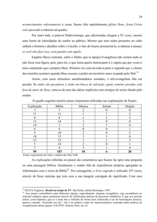39

acontecimentos sobrenaturais e curas, Soares fala repetidamente glória Deus, Jesus Cristo
está operando evidencia tal quadro.
          Por outro lado, a palavra Diabo/inimigo, que adicionadas chegam a 92 vezes, mostra
uma forma de intimidação do orador ao público. Mesmo que nem todos presentes no culto
saibam a história e detalhes sobre o Lúcifer, o fato de Soares pronunciá-la, evidencia a ameça:
se você não fizer isso, será punido com aquilo.
          Eugênio Bacci comenta, sobre o Diabo, que as Igrejas Evangélicas não seriam nada se
não fosse essa figura, pois, para ele, o que torna aquilo interessante é o capeta que por vezes é
mais onipotente que o próprio Deus. Primeiro ele está em toda à parte e segundo que o clímax
das reuniões acontece quando Deus assume o poder em território antes ocupado pelo Mal.75
          Assim, com esses elementos amedrontadores somados, o tele-evangelista fala em
pecado. Se todos são pecadores e estão em busca de salvação, quem cometer pecados está
fora do amor de Deus, trata-se de uma das idéias implícitas com arranjos de textos ditado pelo
orador.
          O quadro seguinte mostra outras conjunturas utilizadas nas explanações de Soares.
     Explicação               Bíblia                   Música            Artista              Oração
         3                       3                       2                 0                     0
        11                      11                       1                 1                     3
         8                       8                       1                 1                     3
        13                      14                       1                 0                     0
        14                       3                       2                 1                     4
         6                       6                       0                 0                     1
         5                      10                       2                 0                     3
        14                      15                       3                 1                     6
        13                      15                       1                 1                     3
         5                      14                       2                 0                     1
         7                       8                       3                 1                     4
        99                     107                      18                 6                    28
Fonte: organização do autor e análise das fitas VHS.
          As explicações referidas no painel são comentários que Soares faz após uma pergunta
ou uma passagem bíblica. Geralmente o orador fala de experiências próprias agregadas as
informações com o texto da Bíblia76. Por conseguinte, o livro sagrado é utilizado 107 vezes,
através da força máxima que tem com a sua imagem carregada de significado. Com essa



75
  BUCCI, Eugêncio. Brasil em tempo de TV. São Paulo, editora Boitempo, 1997.
76
   Isso parece contraditório para diferentes igrejas, especialmente, algumas evangélicas, cuja ascendência no
mercado religioso opera justamente através de sofisticadas práticas de processos midiáticos. E que nos permite
inferir, como hipótese, que se o tema não é refletido de forma mais sofisticado á luz de formulações teóricas,
aparece contudo, ―teorizado em ato‖, isto é no próprio corpo de experimentações ensaiadas pelas práticas de
evangelização destas igrejas. FAUSTO, Antonio Neto, op. cit.
 