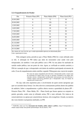 43

2.2.1 Enquadramento do Orador

        Dia              Primeiro Plano (PP)            Plano Médio (PM)             Plano Geral (PG)
 03.09.2005                         0                             72                         10
 05.09.2005                         0                            126                         32
 12.09.2005                         0                             49                         11
 14.09.2005                         0                             58                         25
 17.09.2005                         0                             69                         30
 19.09.2005                         0                             91                         28
 26.09.2005                         0                             60                         26
 28.09.2005                         3                             39                         22
 01.10.2005                         0                             59                         41
 02.10.2005                         0                             49                         20
 03.10.2005                         0                             30                         26
Obs: número de vezes, por dia, que o orador-apresentador apareceu em determinado plano.
Fonte: organização do autor.

        Pela contagem acima, percebe-se que o Plano Médio (PM) foi o mais utilizado entre
os três. A utilização de PM indica que além do missionário estar sendo visto pelo
telespectador, ele também é visto pelo público com o PM. Se esse plano for analisado do
sentido orador público, tem um ponto de vista. Agora, se verificado no sentido contrário, o
PM da à sensação de que o telespectador está dentro do auditório participando ativamente do
culto. O uso do enquadramento ainda contribui, segundo Tilburg para uma viajem do receptor.
                           Por causa do espaço enquadrado pela televisão o telespectador perde a noção exata
                           da construção do espaço físico em que se encontra, tornando-se um espaço não-
                           marcado, mesmo o telespectador reconhecendo várias pessoas e/ou mais diversos e
                           variados espaços televisivos permitem que o telespectador viaje, em frações de
                           segundos pelo mundo afora.83
        Ou seja, toda uma arquitetura para o envolvimento de quem assiste (programa que
quer ser assistido dessa forma). Um obra televisiva esteticamente perfeita dentro dos padrões
de auditório. Sobre o enquadramento o gráfico abaixo mostra a quantidade de planos (PP –
Primeiro Plano, PM – Plano Médio, PG – Plano Geral) que Soares aparece no conjunto os
painéis gravados, sendo como já afirmado acima, PM o mais utilizado. Por tratar-se de
conservadorismo ou apenas por características técnicas, tele-evangelista é focado, na maioria
das vezes durante os programas analisados, no PM.


83
   TILBURG, João Luís Van, Encenação dos Sentidos, mídia, cultura e política, artigo O telespectador e a
relação espaço-tempo uma questão epistemológica. Rio de Janeiro, 1995.
 