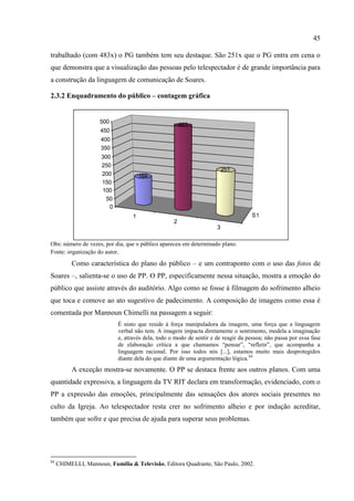 45

trabalhado (com 483x) o PG também tem seu destaque. São 251x que o PG entra em cena o
que demonstra que a visualização das pessoas pelo telespectador é de grande importância para
a construção da linguagem de comunicação de Soares.

2.3.2 Enquadramento do público – contagem gráfica


                     500
                                                        483
                     450
                     400
                     350
                      300
                      250
                                                                          251
                      200              164
                      150
                      100
                        50
                         0
                                   1                                                 S1
                                                    2
                                                                      3

Obs: número de vezes, por dia, que o público apareceu em determinado plano.
Fonte: organização do autor.

          Como característica do plano do público – e um contraponto com o uso das fotos de
Soares –, salienta-se o uso de PP. O PP, especificamente nessa situação, mostra a emoção do
público que assiste através do auditório. Algo como se fosse à filmagem do sofrimento alheio
que toca e comove ao ato sugestivo de padecimento. A composição de imagens como essa é
comentada por Mannoun Chimelli na passagem a seguir:
                             É nisto que reside à força manipuladora da imagem, uma força que a linguagem
                             verbal não tem. A imagem impacta diretamente o sentimento, modela a imaginação
                             e, através dela, todo o modo de sentir e de reagir da pessoa; não passa por essa fase
                             de elaboração crítica a que chamamos ―pensar‖, ―refletir‖, que acompanha a
                             linguagem racional. Por isso todos nós [...], estamos muito mais desprotegidos
                             diante dela do que diante de uma argumentação lógica. 84
          A exceção mostra-se novamente. O PP se destaca frente aos outros planos. Com uma
quantidade expressiva, a linguagem da TV RIT declara em transformação, evidenciado, com o
PP a expressão das emoções, principalmente das sensações dos atores sociais presentes no
culto da Igreja. Ao telespectador resta crer no sofrimento alheio e por indução acreditar,
também que sofre e que precisa de ajuda para superar seus problemas.




84
     CHIMELLI, Mannoun, Família & Televisão, Editora Quadrante, São Paulo, 2002.
 