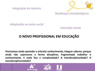 Integração de saberesMudanças metodológicasAdaptação ao meio socialInteração socialO NOVO PROFISSIONAL EM EDUCAÇÃOPrecisamos ainda aprender a articular conhecimento, integrar saberes, porque ainda não superamos a forma disciplinar, fragmentada trabalhar o conhecimento. E onde fica a complexidade? A interdisciplinaridade? A transdisciplinariedade? 
