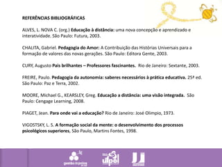 REFERÊNCIAS BIBLIOGRÁFICAS ALVES, L. NOVA C. (org.) Educação à distância: uma nova concepção e aprendizado e interatividade. São Paulo: Futura, 2003. CHALITA, Gabriel. Pedagogia do Amor: A Contribuição das Histórias Universais para a formação de valores das novas gerações.São Paulo: Editora Gente, 2003. CURY, Augusto Pais brilhantes – Professores fascinantes.  Rio de Janeiro: Sextante, 2003. FREIRE, Paulo. Pedagogia da autonomia: saberes necessários à prática educativa. 25ª ed. São Paulo: Paz e Terra, 2002. MOORE, Michael G., KEARSLEY, Greg. Educação a distância: uma visão integrada.  São Paulo: Cengage Learning, 2008. PIAGET, Jean. Para onde vai a educação? Rio de Janeiro: José Olimpio, 1973. VIGOSTSKY, L. S. A formação social da mente: o desenvolvimento dos processos psicológicos superiores, São Paulo, Martins Fontes, 1998.