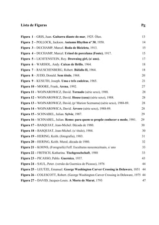 Lista de Figuras                                                                   Pg


Figura 1 – GRIS, Juan. Guitarra diante do mar, 1925. Óleo.                         13
Figura 2 – POLLOCK, Jackson. Autumn Rhythm nº 30, 1950.                            14
Figura 3 – DUCHAMP, Marcel. Roda de Bicicleta, 1913.                               15
Figura 4 – DUCHAMP, Marcel. Urinol de porcelana (Fonte), 1917.                     15
Figura 5 – LICHTENSTEIN, Roy. Drowning girl, (s/ ano).                             17
Figura 6 – WARHOL, Andy. Caixas de Brillo, 1964.                                   18
Figura 7 – RAUSCHENBERG, Robert. Búfallo II, 1964.                                 18
Figura 8 – JUDD, Donald. Sem título, 1968.                                         20
Figura 9 – KUSUTH, Joseph. Uma e três cadeiras, 1965.                              21
Figura 10 – MOORE, Frank, Arena, 1992.                                             27
Figura 11 – WOJNAROWICZ, David. Tornado (série sexo), 1988.                        28
Figura 12 – WOJNAROWICZ, David. House (casa) (série sexo), 1988.                   28
Figura 13 – WOJNAROWICZ, David, (p/ Marion Scemama) (série sexo), 1988-89.         28
Figura 14 – WOJNAROWICA, David. Árvore (série sexo), 1988-89.                      28
Figura 15 – SCHNABEL, Julian. Sylvie, 1987.                                        29
Figura 16 – SCHNABEL, Julian. Remo: para quem se propõe conhecer o medo, 1981.    29
Figura 17 – BASQUIAT, Jean-Michel. Década de 1980.                                 30
Figura 18 – BASQUIAT, Jean-Michel. (s/ título), 1984.                              30
Figura 19 – HERING, Keith. (fotografia), 1983.                                     31
Figura 20 – HERING, Keith. Mural, década de 1980.                                  32
Figura 21 – KOONS, (Forograifa) Feff. Esculturas neoconceituais, s/ ano            33
Figura 22 – FRITSCH, Katharina. Tischgesselschaft, 1988                            33
Figura 23 – PICASSO, Pablo. Guernica, 1937.                                        43
Figura 24 – SAUL, Peter. (versão da Guernica de Picasso), 1976                     44
Figura 25 – LEUTZE, Emanuel. George Washington Carver Crossing in Delawere, 1851 44
Figura 26 – COLESCOTT, Robert. (George Washington Carver Crossing in Delaware, 1975 44
Figura 27 – DAVID, Jacques-Louis. A Morte de Marat, 1793                           47
 