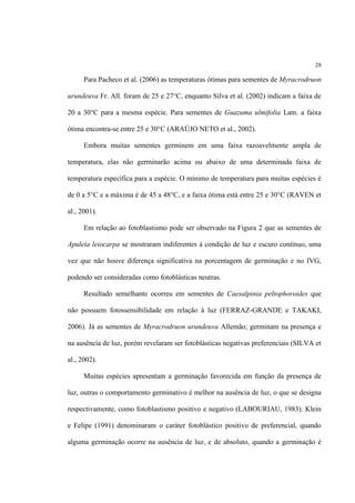 28
Para Pacheco et al. (2006) as temperaturas ótimas para sementes de Myracrodruon
urundeuva Fr. All. foram de 25 e 27°C, enquanto Silva et al. (2002) indicam a faixa de
20 a 30°C para a mesma espécie. Para sementes de Guazuma ulmifolia Lam. a faixa
ótima encontra-se entre 25 e 30°C (ARAÚJO NETO et al., 2002).
Embora muitas sementes germinem em uma faixa razoavelmente ampla de
temperatura, elas não germinarão acima ou abaixo de uma determinada faixa de
temperatura específica para a espécie. O mínimo de temperatura para muitas espécies é
de 0 a 5°C e a máxima é de 45 a 48°C, e a faixa ótima está entre 25 e 30°C (RAVEN et
al., 2001).
Em relação ao fotoblastismo pode ser observado na Figura 2 que as sementes de
Apuleia leiocarpa se mostraram indiferentes à condição de luz e escuro contínuo, uma
vez que não houve diferença significativa na porcentagem de germinação e no IVG,
podendo ser consideradas como fotoblásticas neutras.
Resultado semelhante ocorreu em sementes de Caesalpinia peltophoroides que
não possuem fotossensibilidade em relação à luz (FERRAZ-GRANDE e TAKAKI,
2006). Já as sementes de Myracrodruon urundeuva Allemão; germinam na presença e
na ausência de luz, porém revelaram ser fotoblásticas negativas preferenciais (SILVA et
al., 2002).
Muitas espécies apresentam a germinação favorecida em função da presença de
luz, outras o comportamento germinativo é melhor na ausência de luz, o que se designa
respectivamente, como fotoblastismo positivo e negativo (LABOURIAU, 1983). Klein
e Felipe (1991) denominaram o caráter fotoblástico positivo de preferencial, quando
alguma germinação ocorre na ausência de luz, e de absoluto, quando a germinação é
 