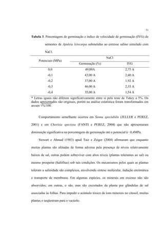 31
Tabela 3. Porcentagem de germinação e índice de velocidade de germinação (IVG) de
sementes de Apuleia leiocarpa submetidas ao estresse salino simulado com
NaCl.
Potenciais (MPa)
NaCl
Germinação (%) IVG
0,0 49,00A 2,75 A
-0,1 43,00 A 2,40 A
-0,2 37,00 A 1,92 A
-0,3 46,00 A 2,35 A
-0,4 35,00 A 1,54 A
* Letras iguais não diferem significativamente entre si pelo teste de Tukey a 5%. Os
dados apresentados são originais, porém na análise estatística foram transformados em
arcsen √%/100.
Comportamento semelhante ocorreu em Senna spectabilis (JELLER e PEREZ,
2001) e em Chorisia speciosa (FANTI e PEREZ, 2004) que não apresentaram
diminuição significativa na porcentagem de germinação até o potencial à –0,4MPa.
Stewart e Ahmad (1983) apud Taiz e Zeiger (2004) afirmaram que enquanto
muitas plantas são afetadas de forma adversa pela presença de níveis relativamente
baixos de sal, outras podem sobreviver com altos níveis (plantas tolerantes ao sal) ou
mesmo prosperar (halófitas) sob tais condições. Os mecanismos pelos quais as plantas
toleram a salinidade são complexos, envolvendo síntese molecular, indução enzimática
e transporte de membrana. Em algumas espécies, os minerais em excesso não são
absorvidos; em outras, o são, mas são excretados da planta por glândulas de sal
associadas às folhas. Para impedir o acúmulo tóxico de íons minerais no citosol, muitas
plantas o seqüestram para o vacúolo.
 