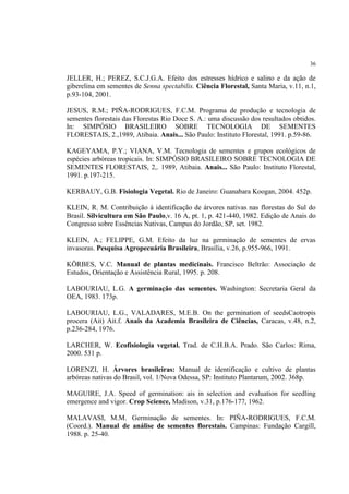 36
JELLER, H.; PEREZ, S.C.J.G.A. Efeito dos estresses hídrico e salino e da ação de
giberelina em sementes de Senna spectabilis. Ciência Florestal, Santa Maria, v.11, n.1,
p.93-104, 2001.
JESUS, R.M.; PIÑA-RODRIGUES, F.C.M. Programa de produção e tecnologia de
sementes florestais das Florestas Rio Doce S. A.: uma discussão dos resultados obtidos.
In: SIMPÓSIO BRASILEIRO SOBRE TECNOLOGIA DE SEMENTES
FLORESTAIS, 2.,1989, Atibaia. Anais... São Paulo: Instituto Florestal, 1991. p.59-86.
KAGEYAMA, P.Y.; VIANA, V.M. Tecnologia de sementes e grupos ecológicos de
espécies arbóreas tropicais. In: SIMPÓSIO BRASILEIRO SOBRE TECNOLOGIA DE
SEMENTES FLORESTAIS, 2,. 1989, Atibaia. Anais... São Paulo: Instituto Florestal,
1991. p.197-215.
KERBAUY, G.B. Fisiologia Vegetal. Rio de Janeiro: Guanabara Koogan, 2004. 452p.
KLEIN, R. M. Contribuição à identificação de árvores nativas nas florestas do Sul do
Brasil. Silvicultura em São Paulo,v. 16 A, pt. 1, p. 421-440, 1982. Edição de Anais do
Congresso sobre Essências Nativas, Campus do Jordão, SP, set. 1982.
KLEIN, A.; FELIPPE, G.M. Efeito da luz na germinação de sementes de ervas
invasoras. Pesquisa Agropecuária Brasileira, Brasília, v.26, p.955-966, 1991.
KÖRBES, V.C. Manual de plantas medicinais. Francisco Beltrão: Associação de
Estudos, Orientação e Assistência Rural, 1995. p. 208.
LABOURIAU, L.G. A germinação das sementes. Washington: Secretaria Geral da
OEA, 1983. 173p.
LABOURIAU, L.G., VALADARES, M.E.B. On the germination of seedsCaotropis
procera (Ait) Ait.f. Anais da Academia Brasileira de Ciências, Caracas, v.48, n.2,
p.236-284, 1976.
LARCHER, W. Ecofisiologia vegetal. Trad. de C.H.B.A. Prado. São Carlos: Rima,
2000. 531 p.
LORENZI, H. Árvores brasileiras: Manual de identificação e cultivo de plantas
arbóreas nativas do Brasil, vol. 1/Nova Odessa, SP: Instituto Plantarum, 2002. 368p.
MAGUIRE, J.A. Speed of germination: ais in selection and evaluation for seedling
emergence and vigor. Crop Science, Madison, v.31, p.176-177, 1962.
MALAVASI, M.M. Germinação de sementes. In: PIÑA-RODRIGUES, F.C.M.
(Coord.). Manual de análise de sementes florestais. Campinas: Fundação Cargill,
1988. p. 25-40.
 