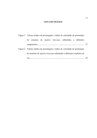 viii
LISTA DE FIGURAS
Figura 1. Valores médios de porcentagem e índice de velocidade de germinação
de sementes de Apuleia leiocarpa submetidas a diferentes
temperaturas............................................................................................... 27
Figura 2. Valores médios de porcentagem e índice de velocidade de germinação
de sementes de Apuleia leiocarpa submetidas a diferentes condições de
luz............................................................................................................... 29
 
