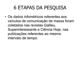 6 ETAPAS DA PESQUISA
• Os dados infométricos referentes aos
veículos de comunicação de massa foram
coletados nas revistas Galileu,
Superinteressante e Ciência Hoje, nas
publicações referentes ao mesmo
intervalo de tempo.

 