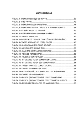 LISTA DE FIGURAS


FIGURA 1 - PRIMEIRO ESBOÇO DO TWTTR ......................................................... 39
FIGURA 2 - SITE TWTTR ......................................................................................... 40
FIGURA 3 - PRIMEIRO TWEET DA HISTÓRIA........................................................ 41
FIGURA 4 - PRIMEIROS TWEETS GERADOS AUTOMATICAMENTE ................... 41
FIGURA 5 - VERSÃO ATUAL DO TWITTER ............................................................ 42
FIGURA 6 - PRIMEIRO TWEET DE OPRAH WINFREY .......................................... 43
FIGURA 7 - TWEETS VARIADOS ............................................................................ 46
FIGURA 8 - DIFERENTES TIPOS DE CONTEÚDO, MESMO USUÁRIO ................ 47
FIGURA 9 - TWEET APAGADO DO PERFIL DO STF ............................................. 48
FIGURA 10 - USO DE HASHTAG COMO SENTIDO................................................ 50
FIGURA 11 - APLICAÇÕES DA HASHTAG.............................................................. 50
FIGURA 12 - HASHTAG #CANTADACOMSERIADO ............................................... 52
FIGURA 13 - TRENDS TOPICS BRASIL .................................................................. 52
FIGURA 14 - TIMELINE COM RETWEET ................................................................ 53
FIGURA 15 - RT USANDO REPLY COM COMENTÁRIOS ...................................... 54
FIGURA 16 - RT USANDO REPLY SEM COMENTÁRIOS....................................... 54
FIGURA 17 - TWEET MARCADO COMO FAVORITO ............................................. 55
FIGURA 18 - TWEET DE MAYARA PETRUSO ........................................................ 61
FIGURA 19 - REPERCUSSÃO INTERNACIONAL DO CASO MAYARA .................. 61
FIGURA 20 - TWEET DE AMANDA REGIS .............................................................. 62
FIGURA 21 - PERFIL @HOMOFOBIASIM, TWEET SOBRE GAYS ........................ 63
FIGURA 22 - PERFIL @HOMOFOBIASIM, TWEET SOBRE MULHERES .............. 64
FIGURA 23 - PEDIDO DE DESCULPAS DE AMANDA REGIS ................................ 65
 