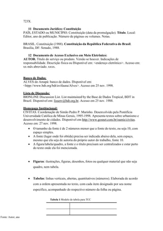 723X.
11 Documento Jurídico: Constituição
PAÍS, ESTADO ou MUNICÍPIO. Constituição (data da promulgação). Título. Local:
Editor, ano de publicação. Número de páginas ou volumes. Notas.
BRASIL. Constituição (1988). Constituição da República Federativa do Brasil.
Brasília, DF: Senado, 1988.
12 Documento de Acesso Exclusivo em Meio Eletrônico:
AUTOR. Título do serviço ou produto. Versão se houver. Indicações de
responsabilidade. Descrição física ou Disponível em: <endereço eletrônico>. Acesso em:
xx mês abreviado. xxxx.
Banco de Dados:
ALVES do Amapá: banco de dados. Disponível em:
<htpp://www.bdt.org/bdt/avifauna/Alves>. Acesso em 25 nov. 1998.
Lista de Discussão:
BIONLINE Discussion List. List maintained by the Base de Dados Tropical, BDT in
Brazil. Disponível em: lisserv@bdt.org.br. Acesso em 25 nov. 1988.
Homepage Institucional:
CIVITAS. Coordenação de Simão Pedro P. Marinho. Desenvolvido pela Pontifícia
Universidade Católica de Minas Gerais, 1995-1998. Apresenta textos sobre urbanismo e
desenvolvimento de cidades. Disponível em http://www.gosnet.com.br/oamis/civitas.
Acesso em: 27 nov. 1998.
 O tamanho da fonte é de 2 números menor que a fonte do texto, ou seja 10, com
espaço simples.
 A fonte (lugar onde foi obtida) precisa ser indicada abaixo dela, sem espaço,
mesmo que ela seja de autoria do próprio autor do trabalho, fonte 10.
 A figura/tabela/quadro, a fonte e o título precisam ser centralizados e estar perto
do texto onde ela foi mencionada.
 Figuras: ilustrações, figuras, desenhos, fotos ou qualquer material que não seja
quadro, nem tabela.
 Tabelas: linhas verticais, abertas, quantitativos (números). Elaborada de acordo
com a ordem apresentada no texto, com cada item designado por seu nome
específico, acompanhado do respectivo número da folha ou página.
Tabela 1 Modelo de tabela para TCC
Fonte: Autor, ano
 