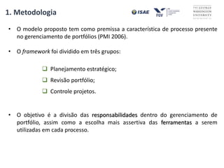 • O modelo proposto tem como premissa a característica de processo presente
no gerenciamento de portfólios (PMI 2006).
• O framework foi dividido em três grupos:
 Planejamento estratégico;
 Revisão portfólio;
 Controle projetos.
• O objetivo é a divisão das responsabilidades dentro do gerenciamento de
portfólio, assim como a escolha mais assertiva das ferramentas a serem
utilizadas em cada processo.
1. Metodologia
 