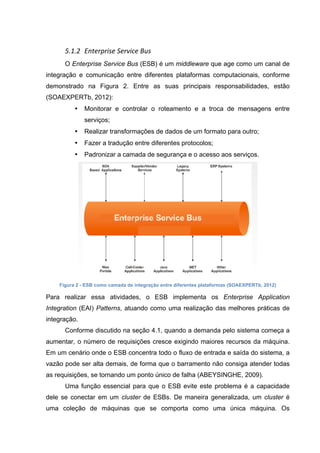 5.1.2 Enterprise	
  Service	
  Bus	
  
O Enterprise Service Bus (ESB) é um middleware que age como um canal de
integração e comunicação entre diferentes plataformas computacionais, conforme
demonstrado na Figura 2. Entre as suas principais responsabilidades, estão
(SOAEXPERTb, 2012):
• Monitorar e controlar o roteamento e a troca de mensagens entre
serviços;
• Realizar transformações de dados de um formato para outro;
• Fazer a tradução entre diferentes protocolos;
• Padronizar a camada de segurança e o acesso aos serviços.
Figura 2 - ESB como camada de integração entre diferentes plataformas (SOAEXPERTb, 2012)
Para realizar essa atividades, o ESB implementa os Enterprise Application
Integration (EAI) Patterns, atuando como uma realização das melhores práticas de
integração.
Conforme discutido na seção 4.1, quando a demanda pelo sistema começa a
aumentar, o número de requisições cresce exigindo maiores recursos da máquina.
Em um cenário onde o ESB concentra todo o fluxo de entrada e saída do sistema, a
vazão pode ser alta demais, de forma que o barramento não consiga atender todas
as requisições, se tornando um ponto único de falha (ABEYSINGHE, 2009).
Uma função essencial para que o ESB evite este problema é a capacidade
dele se conectar em um cluster de ESBs. De maneira generalizada, um cluster é
uma coleção de máquinas que se comporta como uma única máquina. Os
 