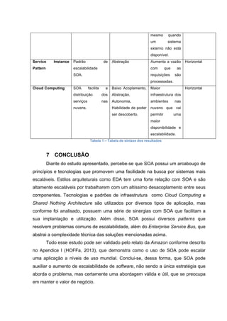 mesmo quando
um sistema
externo não está
disponível.
Service Instance
Pattern
Padrão de
escalabilidade
SOA.
Abstração Aumenta a vazão
com que as
requisições são
processadas.
Horizontal
Cloud Computing SOA facilita a
distribuição dos
serviços nas
nuvens.
Baixo Acoplamento,
Abstração,
Autonomia,
Habilidade de poder
ser descoberto.
Maior
infraestrutura dos
ambientes nas
nuvens que vai
permitir uma
maior
disponibilidade e
escalabilidade.
Horizontal
Tabela 1 – Tabela de sintaxe dos resultados
7 CONCLUSÃO
Diante do estudo apresentado, percebe-se que SOA possui um arcabouço de
princípios e tecnologias que promovem uma facilidade na busca por sistemas mais
escaláveis. Estilos arquiteturais como EDA tem uma forte relação com SOA e são
altamente escaláveis por trabalharem com um altíssimo desacoplamento entre seus
componentes. Tecnologias e padrões de infraestrutura como Cloud Computing e
Shared Nothing Architecture são utilizados por diversos tipos de aplicação, mas
conforme foi analisado, possuem uma série de sinergias com SOA que facilitam a
sua implantação e utilização. Além disso, SOA possui diversos patterns que
resolvem problemas comuns de escalabilidade, além do Enterprise Service Bus, que
abstrai a complexidade técnica das soluções mencionadas acima.
Todo esse estudo pode ser validado pelo relato da Amazon conforme descrito
no Apendice I (HOFFa, 2013), que demonstra como o uso de SOA pode escalar
uma aplicação a níveis de uso mundial. Conclui-se, dessa forma, que SOA pode
auxiliar o aumento de escalabilidade de software, não sendo a única estratégia que
aborda o problema, mas certamente uma abordagem válida e útil, que se preocupa
em manter o valor de negócio.
 