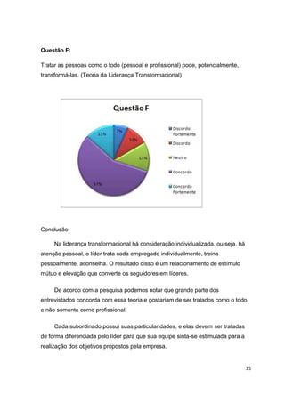 35
Questão F:
Tratar as pessoas como o todo (pessoal e profissional) pode, potencialmente,
transformá-las. (Teoria da Liderança Transformacional)
Conclusão:
Na liderança transformacional há consideração individualizada, ou seja, há
atenção pessoal, o líder trata cada empregado individualmente, treina
pessoalmente, aconselha. O resultado disso é um relacionamento de estímulo
mútuo e elevação que converte os seguidores em líderes.
De acordo com a pesquisa podemos notar que grande parte dos
entrevistados concorda com essa teoria e gostariam de ser tratados como o todo,
e não somente como profissional.
Cada subordinado possui suas particularidades, e elas devem ser tratadas
de forma diferenciada pelo líder para que sua equipe sinta-se estimulada para a
realização dos objetivos propostos pela empresa.
 