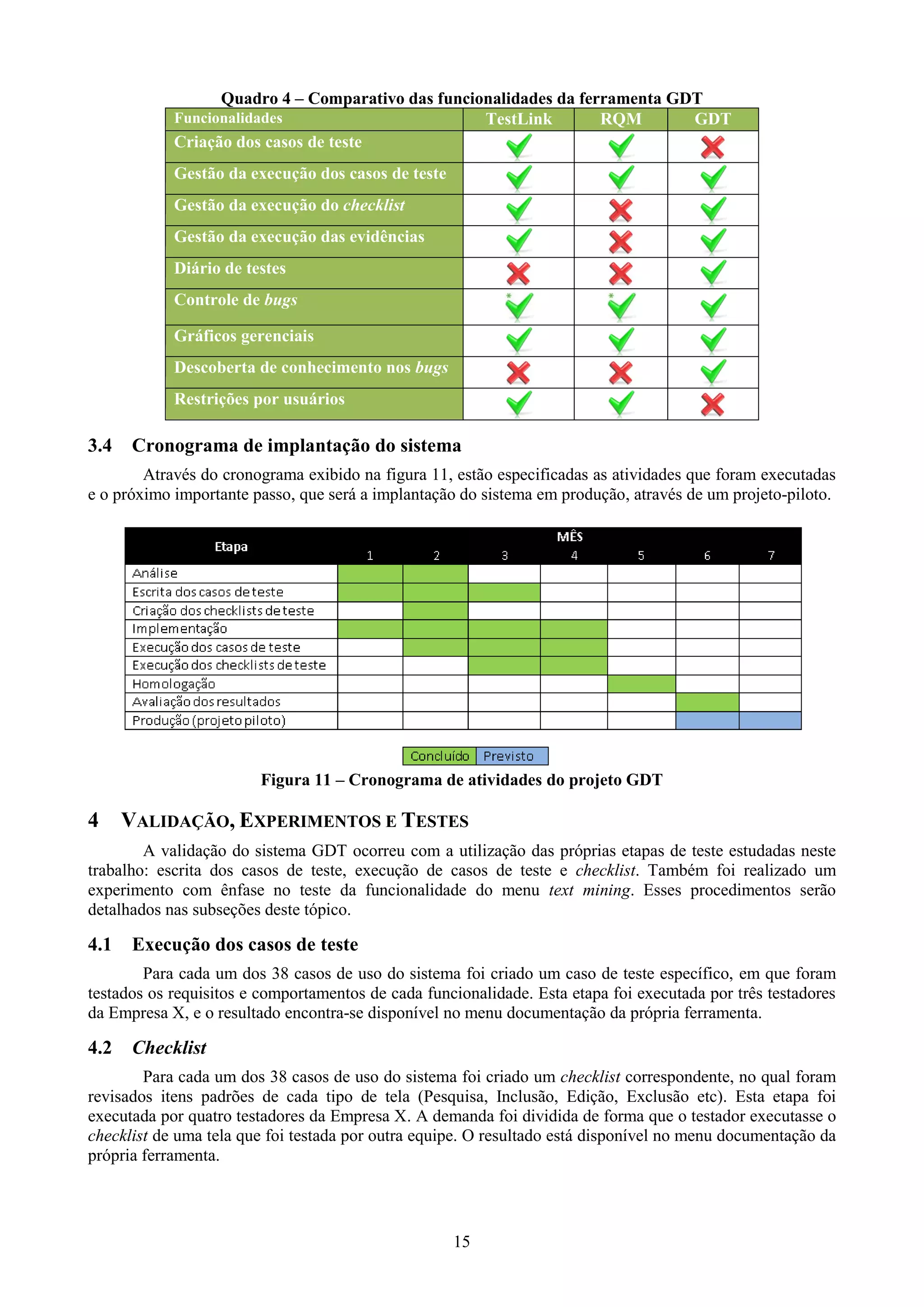Quadro 4 – Comparativo das funcionalidades da ferramenta GDT
            Funcionalidades                        TestLink        RQM       GDT
            Criação dos casos de teste
            Gestão da execução dos casos de teste
            Gestão da execução do checklist
            Gestão da execução das evidências
            Diário de testes
            Controle de bugs

            Gráficos gerenciais
            Descoberta de conhecimento nos bugs
            Restrições por usuários

3.4    Cronograma de implantação do sistema
        Através do cronograma exibido na figura 11, estão especificadas as atividades que foram executadas
e o próximo importante passo, que será a implantação do sistema em produção, através de um projeto-piloto.




                        Figura 11 – Cronograma de atividades do projeto GDT

4     VALIDAÇÃO, EXPERIMENTOS E TESTES
        A validação do sistema GDT ocorreu com a utilização das próprias etapas de teste estudadas neste
trabalho: escrita dos casos de teste, execução de casos de teste e checklist. Também foi realizado um
experimento com ênfase no teste da funcionalidade do menu text mining. Esses procedimentos serão
detalhados nas subseções deste tópico.

4.1    Execução dos casos de teste
        Para cada um dos 38 casos de uso do sistema foi criado um caso de teste específico, em que foram
testados os requisitos e comportamentos de cada funcionalidade. Esta etapa foi executada por três testadores
da Empresa X, e o resultado encontra-se disponível no menu documentação da própria ferramenta.

4.2    Checklist
        Para cada um dos 38 casos de uso do sistema foi criado um checklist correspondente, no qual foram
revisados itens padrões de cada tipo de tela (Pesquisa, Inclusão, Edição, Exclusão etc). Esta etapa foi
executada por quatro testadores da Empresa X. A demanda foi dividida de forma que o testador executasse o
checklist de uma tela que foi testada por outra equipe. O resultado está disponível no menu documentação da
própria ferramenta.




                                                    15
 