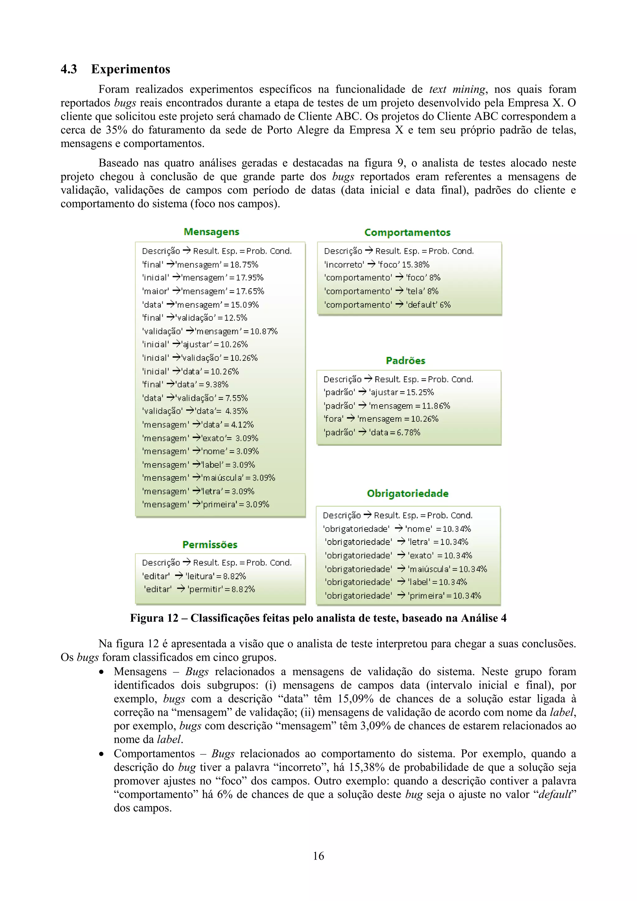 4.3   Experimentos
         Foram realizados experimentos específicos na funcionalidade de text mining, nos quais foram
reportados bugs reais encontrados durante a etapa de testes de um projeto desenvolvido pela Empresa X. O
cliente que solicitou este projeto será chamado de Cliente ABC. Os projetos do Cliente ABC correspondem a
cerca de 35% do faturamento da sede de Porto Alegre da Empresa X e tem seu próprio padrão de telas,
mensagens e comportamentos.
        Baseado nas quatro análises geradas e destacadas na figura 9, o analista de testes alocado neste
projeto chegou à conclusão de que grande parte dos bugs reportados eram referentes a mensagens de
validação, validações de campos com período de datas (data inicial e data final), padrões do cliente e
comportamento do sistema (foco nos campos).




              Figura 12 – Classificações feitas pelo analista de teste, baseado na Análise 4

       Na figura 12 é apresentada a visão que o analista de teste interpretou para chegar a suas conclusões.
Os bugs foram classificados em cinco grupos.
        Mensagens – Bugs relacionados a mensagens de validação do sistema. Neste grupo foram
           identificados dois subgrupos: (i) mensagens de campos data (intervalo inicial e final), por
           exemplo, bugs com a descrição “data” têm 15,09% de chances de a solução estar ligada à
           correção na “mensagem” de validação; (ii) mensagens de validação de acordo com nome da label,
           por exemplo, bugs com descrição “mensagem” têm 3,09% de chances de estarem relacionados ao
           nome da label.
        Comportamentos – Bugs relacionados ao comportamento do sistema. Por exemplo, quando a
           descrição do bug tiver a palavra “incorreto”, há 15,38% de probabilidade de que a solução seja
           promover ajustes no “foco” dos campos. Outro exemplo: quando a descrição contiver a palavra
           “comportamento” há 6% de chances de que a solução deste bug seja o ajuste no valor “default”
           dos campos.



                                                    16
 