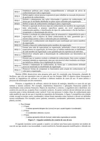 Estabelecer políticas para criação, compartilhamento e utilização de ativos de
      REQ 3
                 conhecimento por toda a organização.
                 Definir papéis e alocar pessoas responsáveis para trabalhar na execução do processo.
      REQ 4
                 de gerência do conhecimento.
                 Permitir o planejamento das ações relacionadas à gerência do conhecimento, de
      REQ 5
                 forma que as atividades detalhadas no plano sejam realizadas pela organização.
      REQ 6      Definir os tipos de conhecimento estratégicos para a organização.
                 Permitir a aquisição de diversos tipos de conhecimento de membros da organização,
                 tanto relacionados a projetos específicos quanto em nível organizacional,
      REQ 7
                 estabelecendo padrões e classificações de tipos de conhecimento a fim de facilitar a
                 recuperação e a disseminação dos ativos.
                 Permitir a avaliação de conhecimento antes de armazená-lo e disponibilizá-lo para a
      REQ 8      organização, com o objetivo de filtrar conhecimento de valor, garantindo que o
                 mesmo esteja correto e claro o suficiente para ser reutilizado.
                 Garantir que o conhecimento está disponível para reutilização por outros membros
      REQ 9
                 da organização.
      REQ 10     Permitir a busca de conhecimento pelos membros da organização.
                 Formar uma rede de especialistas na organização, permitindo a busca de pessoas
      REQ 11     (especialistas) na organização, de forma que se tenham estabelecidas as habilidades
                 de cada membro da organização e uma quantificação de experiência do indivíduo.
                 Desenvolver soluções para a disseminação do conhecimento aos funcionários da
      REQ 12
                 organização.
                 Permitir que os usuários avaliem a utilidade do conhecimento, bem como a própria
      REQ 13     estratégia adotada na organização, para que seja possível obter resultados em relação
                 aos benefícios obtidos com a implantação da mesma.
                 Permitir a manutenção de conhecimento, de forma que o conhecimento defasado
      REQ 14
                 possa ser atualizado ou desabilitado da organização.
                 Promover formas de compensar os funcionários pela criação de conhecimento de
      REQ 15
                 valor para a organização.
        Martins (2006) desenvolveu uma pesquisa pela qual foi construída uma ferramenta, chamada de
SucReuse, que cria um repositório com os casos de uso em formato XMI. O objetivo dessa ferramenta é
auxiliar os engenheiros de software a reutilizar e elaborar modelos de casos de uso. O autor definiu o
processo de reutilização em dois momentos.
         Primeiro, o engenheiro de software, através da técnica de analogia, identifica os casos de uso que
tenham o mesmo contexto. Por exemplo, empréstimos financeiros e aplicações financeiras podem ser
classificados como contexto financeiro. Depois de classificar o contexto, o engenheiro deve identificar, nos
cenários do caso de uso, as partes fixas e as partes variáveis. As partes variáveis devem informar um ou mais
conceitos para o termo destacado como variável. Com este processo é criada a base de conhecimento para
cada modelo de caso de uso que é inserido no repositório da ferramenta. A figura 3 exemplifica esta relação
criada, na qual os termos curso, coordenador e turma foram marcados como variáveis e devem ser definidos
termos semelhantes. Por exemplo, curso: palestra, seminário; coordenador: palestrante, seminarista; turma:
plateia, ouvinte.




                         Figura 3 – Ligação semântica do cenário de caso de uso

        O segundo momento ocorre quando o usuário vai realizar uma busca para encontrar um modelo de
caso de uso que atenda a sua necessidade, e assim reutilizá-lo, fazendo pequenas modificações e obtendo um



                                                     6
 
