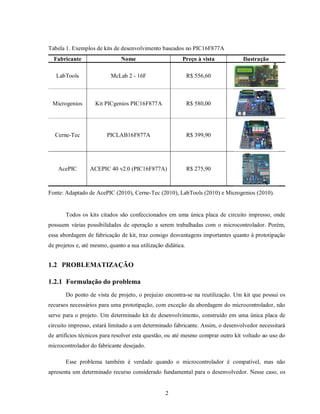 Tabela 1. Exemplos de kits de desenvolvimento baseados no PIC16F877A
  Fabricante                   Nome                      Preço à vista           Ilustração

   LabTools               McLab 2 - 16F                       R$ 556,60



 Microgenios        Kit PICgenios PIC16F877A                  R$ 580,00




  Cerne-Tec              PICLAB16F877A                        R$ 399,90




    AcePIC       ACEPIC 40 v2.0 (PIC16F877A)                  R$ 275,90



Fonte: Adaptado de AcePIC (2010), Cerne-Tec (2010), LabTools (2010) e Microgenios (2010).


       Todos os kits citados são confeccionados em uma única placa de circuito impresso, onde
possuem várias possibilidades de operação a serem trabalhadas com o microcontrolador. Porém,
essa abordagem de fabricação de kit, traz consigo desvantagens importantes quanto à prototipação
de projetos e, até mesmo, quanto a sua utilização didática.


1.2 PROBLEMATIZAÇÃO

1.2.1 Formulação do problema
       Do ponto de vista de projeto, o prejuízo encontra-se na reutilização. Um kit que possui os
recursos necessários para uma prototipação, com exceção da abordagem do microcontrolador, não
serve para o projeto. Um determinado kit de desenvolvimento, construído em uma única placa de
circuito impresso, estará limitado a um determinado fabricante. Assim, o desenvolvedor necessitará
de artifícios técnicos para resolver esta questão, ou até mesmo comprar outro kit voltado ao uso do
microcontrolador do fabricante desejado.

       Esse problema também é verdade quando o microcontrolador é compatível, mas não
apresenta um determinado recurso considerado fundamental para o desenvolvedor. Nesse caso, os


                                                  2
 