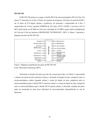 PIC18F1320

       O PIC18F1320 pertence ao grupo e família PIC18 de microcontroladores PIC de 8 bits. Ele
possui 77 instruções de 16 bits, 8 kbytes de memória de programa, 256 bytes de memória RAM e
até 16 pinos de E/S digital. Quanto a periféricos, ele apresenta 1 temporizador de 8 bits, 3
temporizador de 16 bits, memória EEPROM de 256 bytes, ECCP, USART e conversor A/D. O
MCU pode operar em 40 MHz de clock com velocidade de 10 MIPS e pode realizar multiplicação
de 8 bits por 8 bits em hardware (MICROCHIP TECHNOLOGY, 2007). A Figura 7 apresenta o
diagrama de pinos do PIC18F1320.




Figura 7. Diagrama simplificado dos pinos do PIC18F1320.
Fonte: Microchip Technology (2007).


       Abstraindo as funções dos pinos que não são comuns para todos, na Tabela 3 é apresentado
o número da ordem do pino (primeira coluna), a descrição da função do pino compatível entre os
microcontroladores citados (segunda coluna), o nome da função do pino compatível entre os
microcontroladores para a família PIC16 (terceira coluna) e o nome da função do pino compatível
entre os microcontroladores para a família PIC18 (quarta coluna). A descrição completa dos pinos
pode ser encontrada no data sheet individual do microcontrolador disponibilizado no site do
fabricante.




                                              16
 