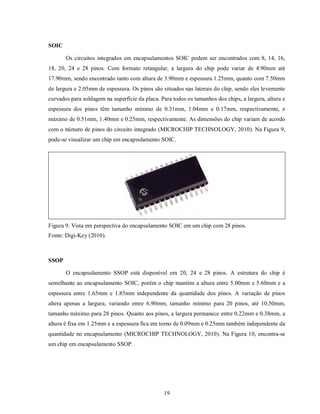 SOIC

       Os circuitos integrados em encapsulamentos SOIC podem ser encontrados com 8, 14, 16,
18, 20, 24 e 28 pinos. Com formato retangular, a largura do chip pode variar de 4.90mm até
17.90mm, sendo encontrado tanto com altura de 3.90mm e espessura 1.25mm, quanto com 7.50mm
de largura e 2.05mm de espessura. Os pinos são situados nas laterais do chip, sendo eles levemente
curvados para soldagem na superfície da placa. Para todos os tamanhos dos chips, a largura, altura e
espessura dos pinos têm tamanho mínimo de 0.31mm, 1.04mm e 0.17mm, respectivamente, e
máximo de 0.51mm, 1.40mm e 0.25mm, respectivamente. As dimensões do chip variam de acordo
com o número de pinos do circuito integrado (MICROCHIP TECHNOLOGY, 2010). Na Figura 9,
pode-se visualizar um chip em encapsulamento SOIC.




Figura 9. Vista em perspectiva do encapsulamento SOIC em um chip com 28 pinos.
Fonte: Digi-Key (2010).



SSOP

       O encapsulamento SSOP está disponível em 20, 24 e 28 pinos. A estrutura do chip é
semelhante ao encapsulamento SOIC, porém o chip mantém a altura entre 5.00mm e 5.60mm e a
espessura entre 1.65mm e 1.85mm independente da quantidade dos pinos. A variação de pinos
altera apenas a largura, variando entre 6.90mm, tamanho mínimo para 20 pinos, até 10.50mm,
tamanho máximo para 28 pinos. Quanto aos pinos, a largura permanece entre 0.22mm e 0.38mm, a
altura é fixa em 1.25mm e a espessura fica em torno de 0.09mm e 0.25mm também independente da
quantidade no encapsulamento (MICROCHIP TECHNOLOGY, 2010). Na Figura 10, encontra-se
um chip em encapsulamento SSOP.




                                                19
 