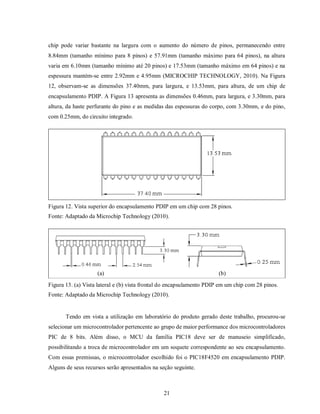 chip pode variar bastante na largura com o aumento do número de pinos, permanecendo entre
8.84mm (tamanho mínimo para 8 pinos) e 57.91mm (tamanho máximo para 64 pinos), na altura
varia em 6.10mm (tamanho mínimo até 20 pinos) e 17.53mm (tamanho máximo em 64 pinos) e na
espessura mantém-se entre 2.92mm e 4.95mm (MICROCHIP TECHNOLOGY, 2010). Na Figura
12, observam-se as dimensões 37.40mm, para largura, e 13.53mm, para altura, de um chip de
encapsulamento PDIP. A Figura 13 apresenta as dimensões 0.46mm, para largura, e 3.30mm, para
altura, da haste perfurante do pino e as medidas das espessuras do corpo, com 3.30mm, e do pino,
com 0.25mm, do circuito integrado.




Figura 12. Vista superior do encapsulamento PDIP em um chip com 28 pinos.
Fonte: Adaptado da Microchip Technology (2010).




                    (a)                                                (b)
Figura 13. (a) Vista lateral e (b) vista frontal do encapsulamento PDIP em um chip com 28 pinos.
Fonte: Adaptado da Microchip Technology (2010).


       Tendo em vista a utilização em laboratório do produto gerado deste trabalho, procurou-se
selecionar um microcontrolador pertencente ao grupo de maior performance dos microcontroladores
PIC de 8 bits. Além disso, o MCU da família PIC18 deve ser de manuseio simplificado,
possibilitando a troca de microcontrolador em um soquete correspondente ao seu encapsulamento.
Com essas premissas, o microcontrolador escolhido foi o PIC18F4520 em encapsulamento PDIP.
Alguns de seus recursos serão apresentados na seção seguinte.



                                                21
 